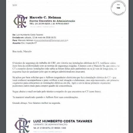 E-mails mostram que diretoria do Flamengo sabia de riscos no Ninho desde 2018 - Reprodução