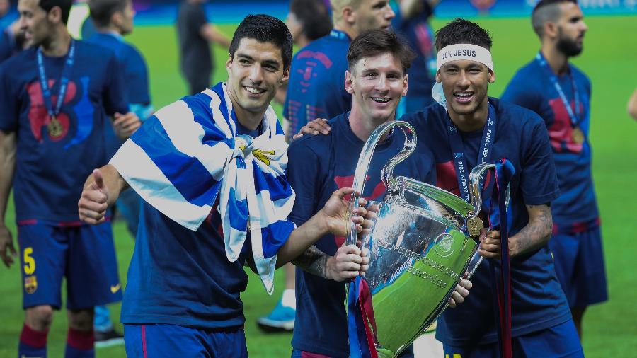 Neymar, Luis Suárez e Lionel Messi jogaram juntos no Barcelona - VI Images via Getty Images