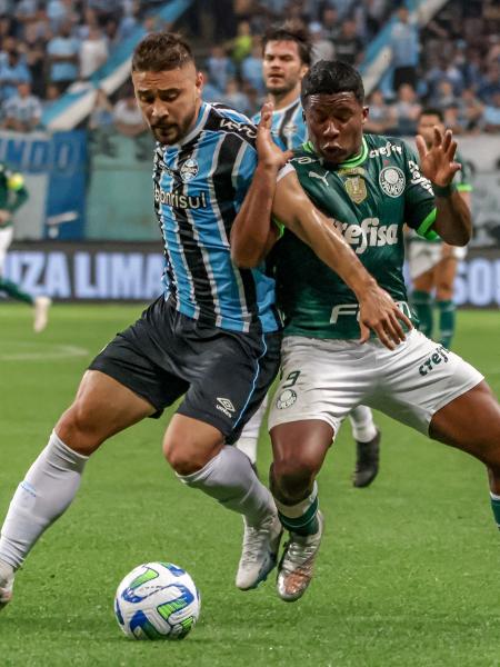 Crias da base do Palmeiras, João Pedro, autor do gol do Grêmio, e Endrick, que teve a chance como titular, disputam a bola