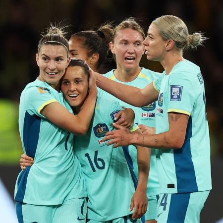 Raso, da Austrália, comemora seu primeiro gol contra o Canadá pela Copa do Mundo feminina
