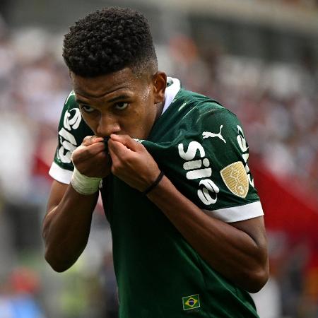 Estêvão comemora gol marcado pelo Palmeiras contra o Sporting Cristal na Libertadores. Estêvão comemora gol marcado pelo Palmeiras contra o Sporting Cristal na Libertadores.