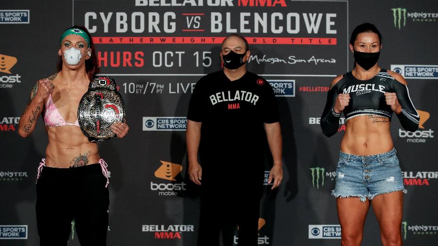 Cris Cyborg e Arlene Blencowe, após pesagem do Bellator 249 - Divulgação/Bellator