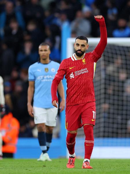 Mohamed Salah comemora após marcar pelo Liverpool em jogo contra o City Mohamed Salah comemora após marcar pelo Liverpool em jogo contra o City
