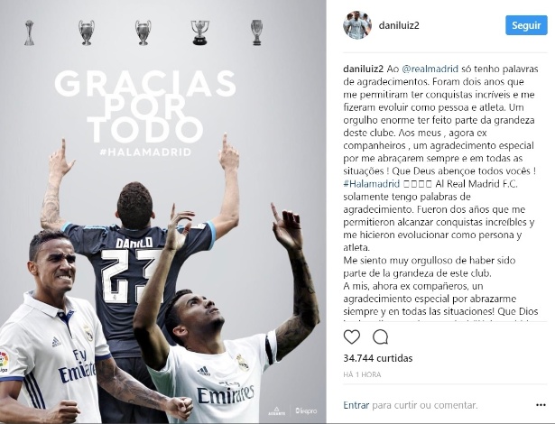 De saída para o Manchester City, Danilo agradece ao Real Madrid - Reprodução Instragram