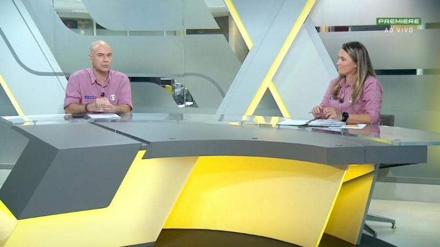 Jader Rocha e Ana Thaís Matos durante transmissão de Atlético-GO e Santos - Reprodução/Canal Premiere