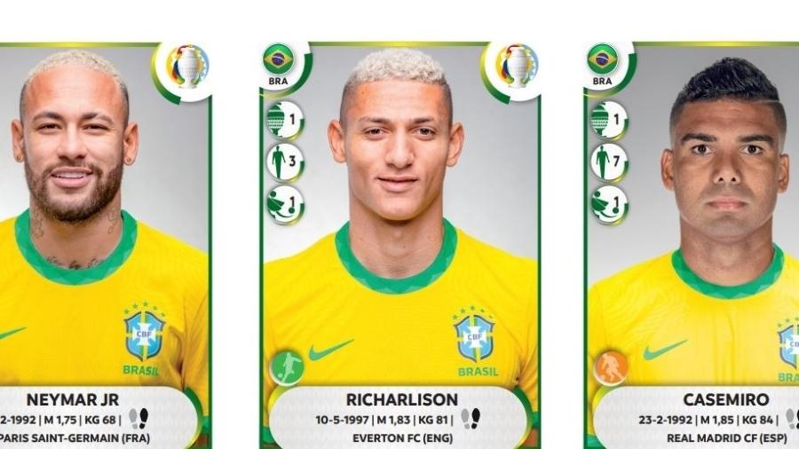 Figurinhas de Neymar, Richarlison e Casemiro no álbum da Copa América lançado pela Panini - Reprodução