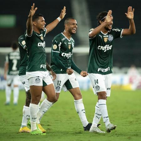 Jogadores do Palmeiras comemoram gol de Mayke contra o Botafogo, pelo Brasileirão - Jorge Rodrigues/AGIF