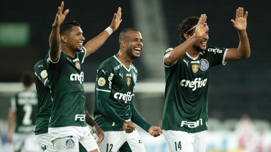 Jogadores do Palmeiras comemoram gol de Mayke contra o Botafogo, pelo Brasileirão - Jorge Rodrigues/AGIF