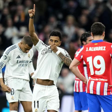 Rodrygo, do Real Madrid, comemora após marcar contra o Atlético, nas oitavas da Champions Rodrygo, do Real Madrid, comemora após marcar contra o Atlético, nas oitavas da Champions