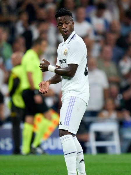 Vinicius Jr., do Real Madrid, faz dancinha após marcar contra o Shakhtar na Liga dos Campeões - Angel Martinez/Getty Images