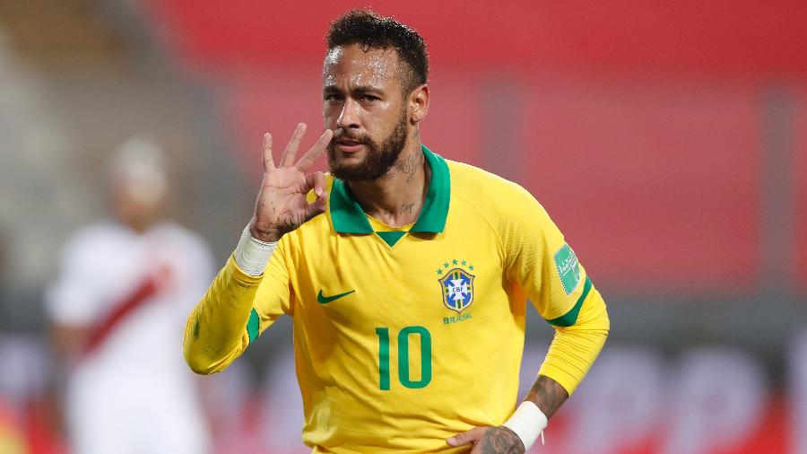 Neymar comemora o terceiro gol marcado para o Brasil contra o Peru - Pool/Getty Images