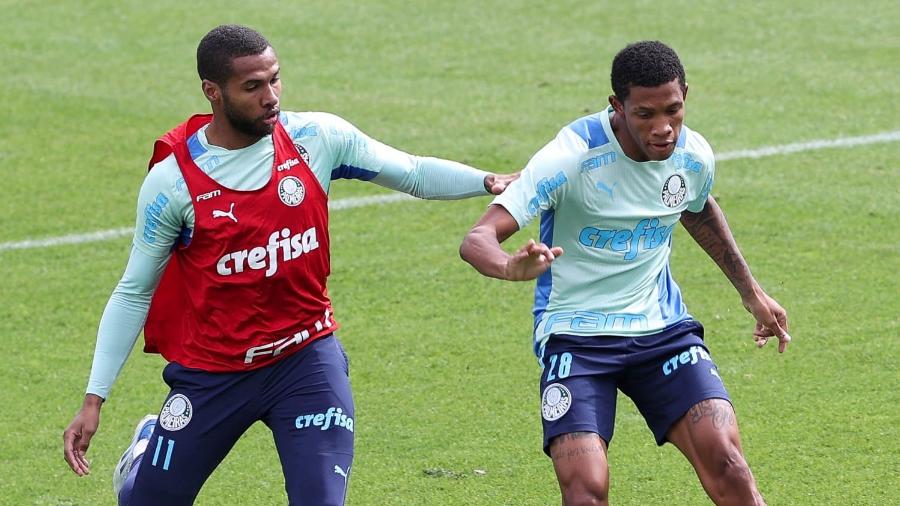 Wesley e Danilo disputam bola no treino do Palmeiras, na Academia de Futebol - Cesar Greco