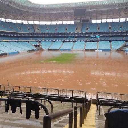 Gramado da Arena do Grêmio debaixo d'água