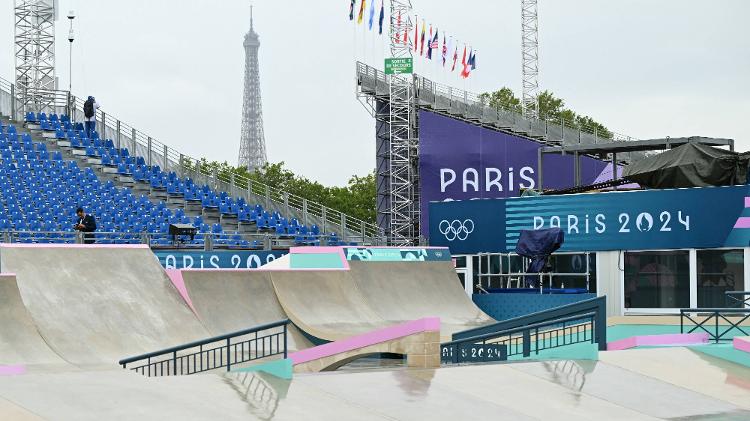 Pista de skate street nas Olimpíadas de Paris molhada por causa da chuva