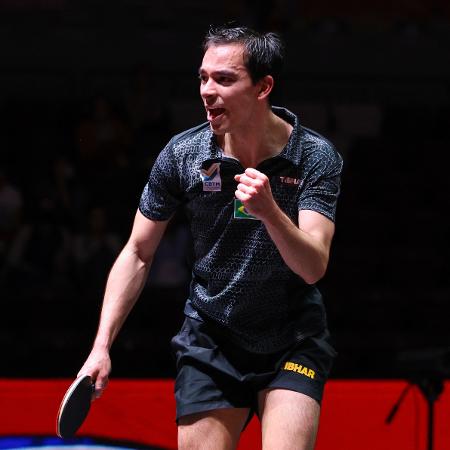Hugo Calderano comemora vitória nas quartas do Mundial de tênis de mesa Hugo Calderano comemora vitória nas quartas do Mundial de tênis de mesa