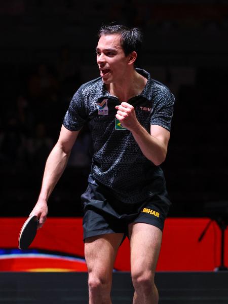Hugo Calderano comemora vitória nas quartas do Mundial de tênis de mesa Hugo Calderano comemora vitória nas quartas do Mundial de tênis de mesa