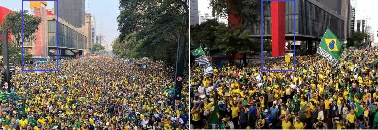 Foto usada em posts enganosos (à esq) mostra prédio do Masp em reforma (em azul). No ato do último domingo (à dir), nota-se que a obra na coluna do prédio havia terminado. Foto usada em posts enganosos (à esq) mostra prédio do Masp em reforma (em azul). No ato do último domingo (à dir), nota-se que a obra na coluna do prédio havia terminado.