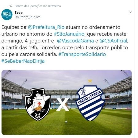 Postagem da SEOP indicava ação em São Januário, mas jogo foi no ES. Conteúdo foi apagado posteriormente - Reprodução / Twitter