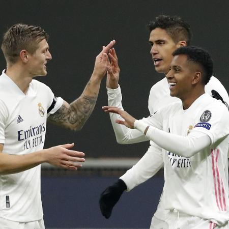 Jogadores do Real Madrid celebram gol contra a Inter de Milão pela Liga dos Campeões - Alessandro Garofalo/Reuters