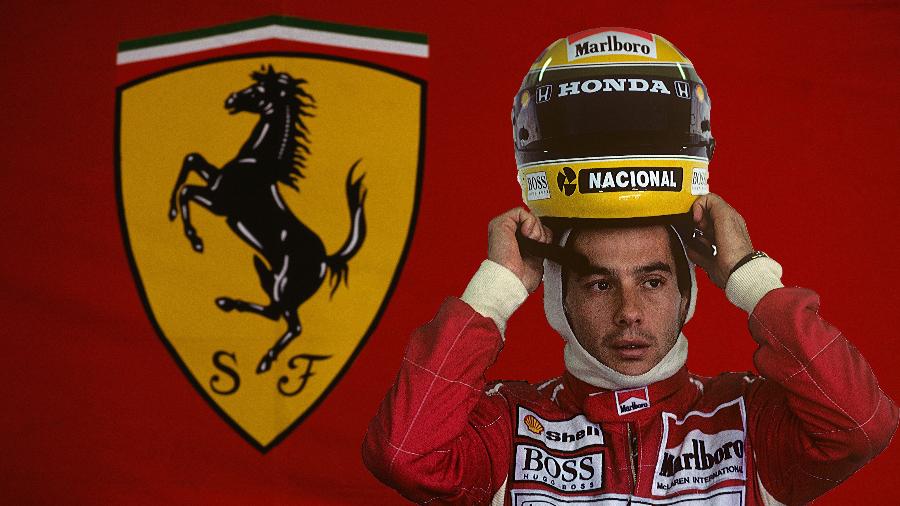 Montagem com fotos de Senna e do box da Ferrari
