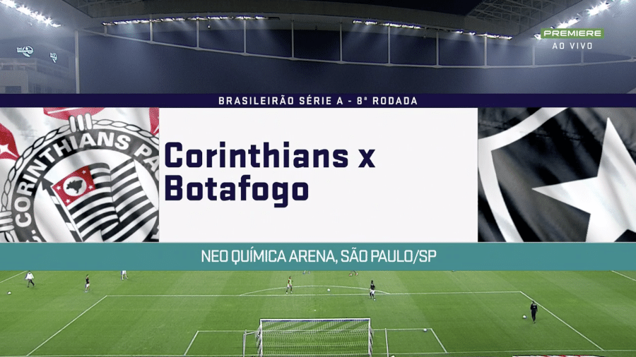 Transmissão do Premiere de Corinthians x Botafogo, com o nome NeoQuímica Arena sendo mostrado - Reprodução/Premiere