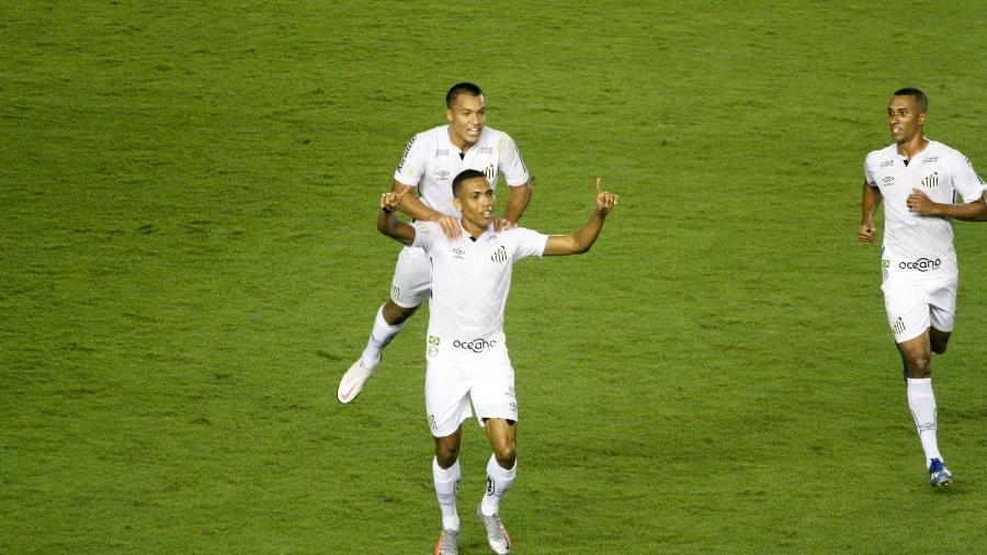 Jogadores do Santos comemoram gol de Madson no jogo contra o São Paulo, na Vila Belmiro - Fernanda Luz/AGIF