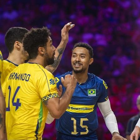 Seleção do Brasil celebra ponto contra a Polônia, na Liga das Nações Seleção do Brasil celebra ponto contra a Polônia, na Liga das Nações