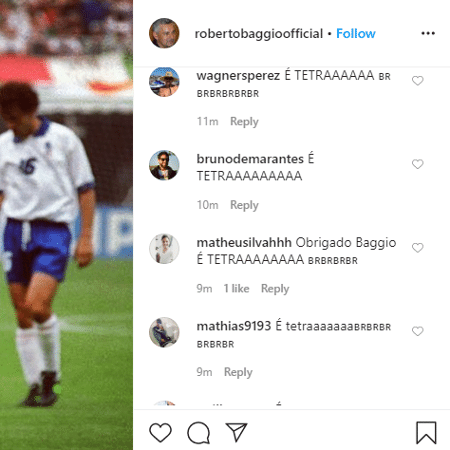 Brasileiros comentam "é tetra" em post no Instagram de Roberto Baggio - Reprodução/Instagram