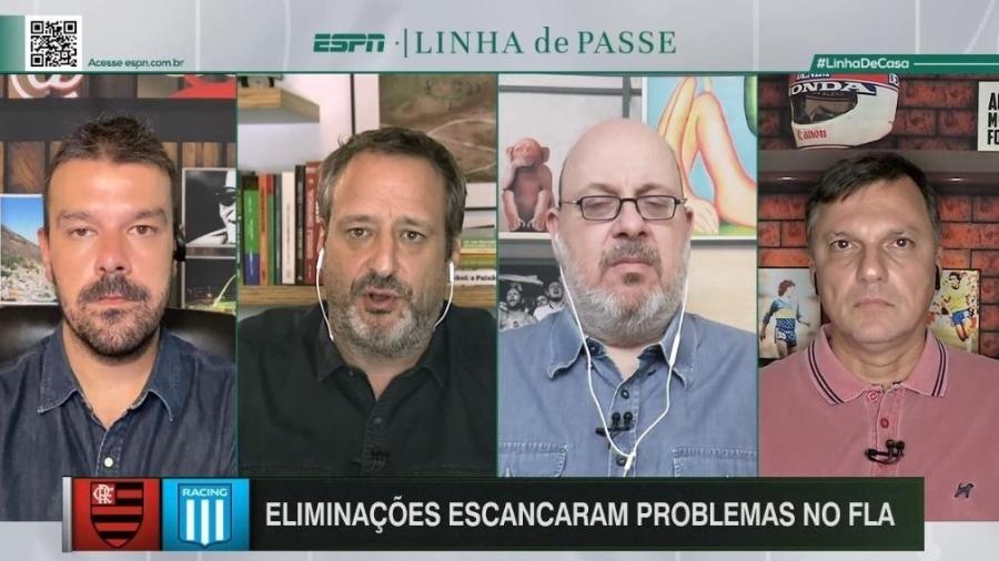 Comentaristas Pedro Ivo (e), Gian Oddi (seg, da esq pra dir), Vitor Birner e Mauro Cezar (d) participaram do "Linha" na terça (1) - Reprodução/ESPN