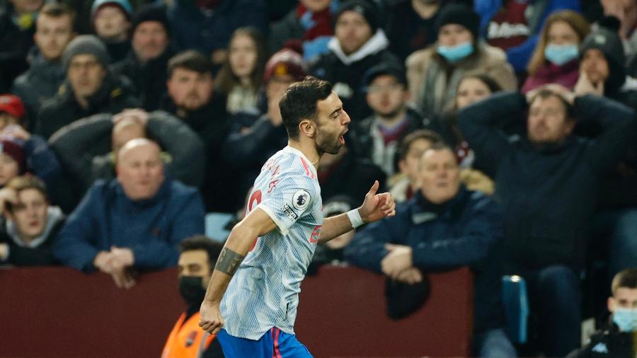 Bruno Fernandes comemora gol do Manchester United contra o Aston Villa - Divulgação/Premier League