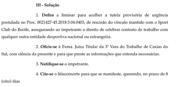Trecho de decisão judicial sobre a rescisão de contrato de Jair, do Sport - Reprodução - Reprodução