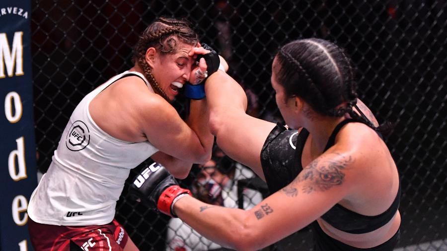 Amanda Nunes acerta chute em Felicia Spencer durante luta no UFC 250 - Jeff Bottari/Zuffa LLC