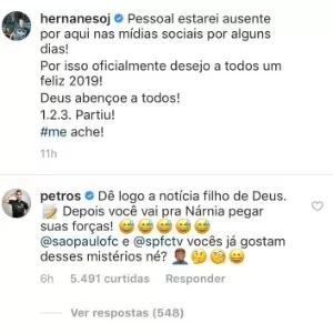 Petros comenta em post de Hernanes e anima são-paulinos - Reprodução - Reprodução