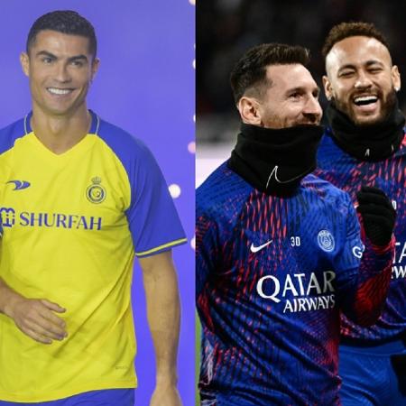 Cristiano Ronaldo, defendendo o Combinado Al Nassr e Al Hilal, enfrenta o time do PSG, de Neymar e Messi - Foto 1: Khalid Alhaj/MB Media/Getty Images | Foto 2: Loic Venance/AFP