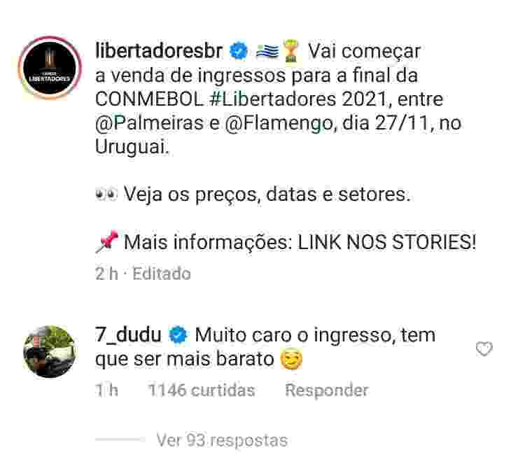 Dudu reclama dos preços dos ingressos para a final da Libertadores - Instagram - Instagram