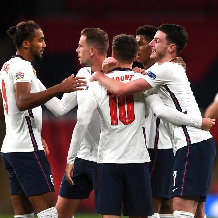 Jogadores da Inglaterra comemoram gol em duelo contra a Bélgica, pela Liga das Nações -  Neil Hall/PA Images via Getty Images