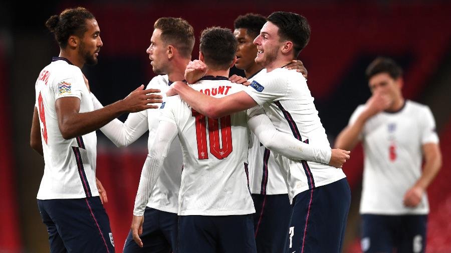 Jogadores da Inglaterra comemoram gol em duelo contra a Bélgica, pela Liga das Nações -  Neil Hall/PA Images via Getty Images