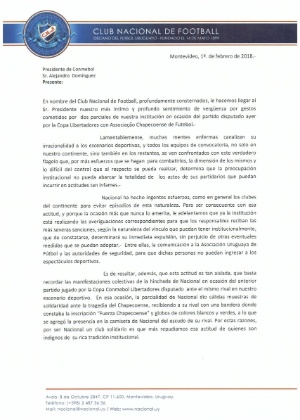Carta divulgada pelo Nacional-URU com pedido de desculpas à Chapecoense - Reprodução