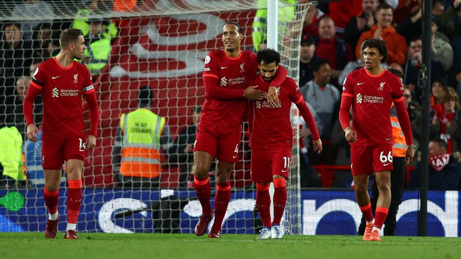 Salah comemora gol do Liverpool sobre o Manchester United pelo Campeonato Inglês - Clive Brunskill/Getty Images