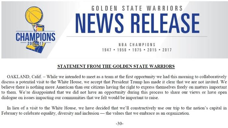 Warriors publica comunicado oficial sobre convite derrubado por Trump - reprodução/Warriors - reprodução/Warriors