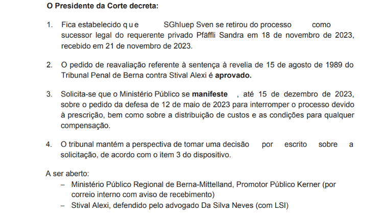 Parte da decisão do Tribunal da Suíça sobre Cuca