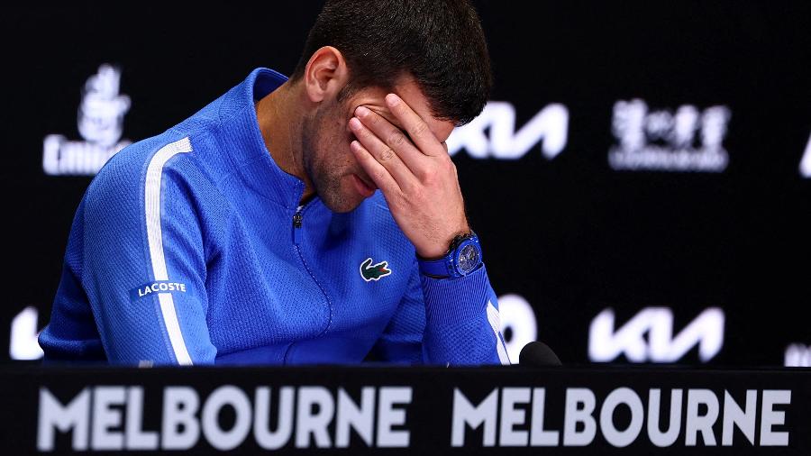 Novak Djokovic na coletiva após ser eliminado do Australian Open de 2024