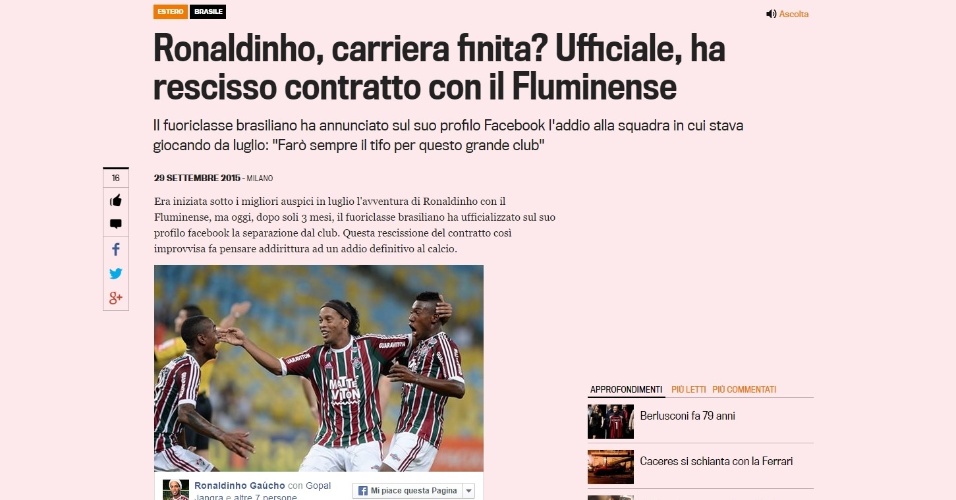 Jornal italiano Gazzetta dello Sport especula aposentadoria de Ronaldinho Gaúcho após rescisão com o Fluminense
