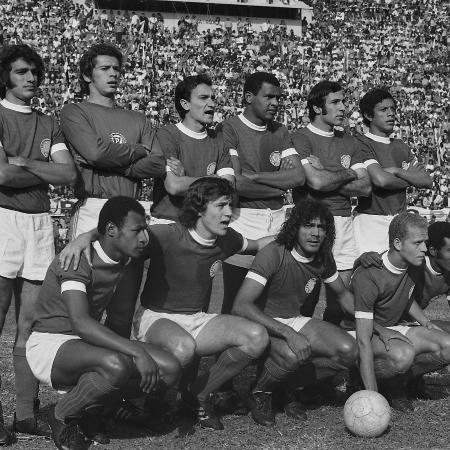 Palmeiras de 1972: (da esquerda para a direita, de pé) Eurico; Leão, Dudu, Luis Pereira, Alfredo e Zeca; (agachados) Edu, Leivinha, Cesar, Ademir da Guia e Nei - Arquivo/Estadão