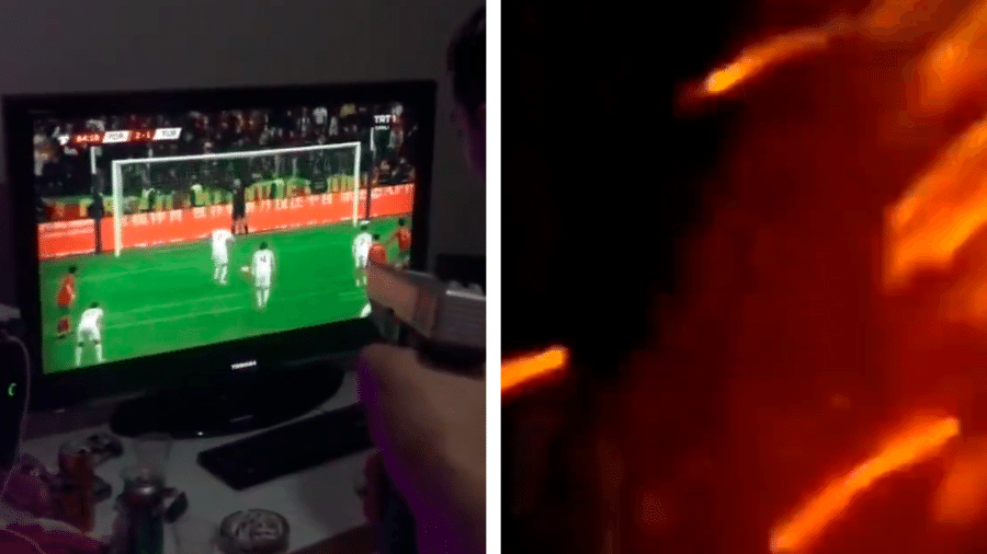 Um torcedor turco atirou na TV depois do pênalti perdido por sua seleção contra Portugal, pelas Eliminatórias Europeias para a Copa de 2022 - Reprodução/Twitter