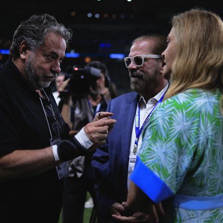 Julio Casares, presidente do São Paulo, Reinaldo Carneiro Bastos, presidente da FPF, e Leila Pereira, presidente do Palmeiras, antes do jogo da semi do Paulistão Julio Casares, presidente do São Paulo, Reinaldo Carneiro Bastos, presidente da FPF, e Leila Pereira, presidente do Palmeiras, antes do jogo da semi do Paulistão