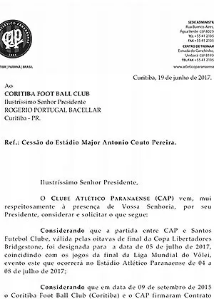 Documento mandado pelo Atlético-PR ao Coritiba - Reprodução - Reprodução