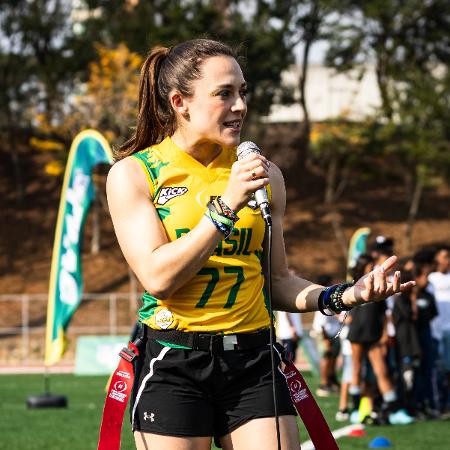 Gabriela Bankhardt, 1ª embaixadora brasileira da NFL, em evento em São Paulo