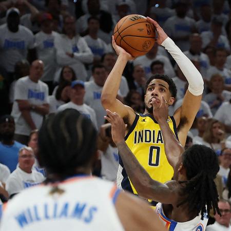 Tyrese Haliburton, do Indiana Pacers, em ação na final da NBA Tyrese Haliburton, do Indiana Pacers, em ação na final da NBA