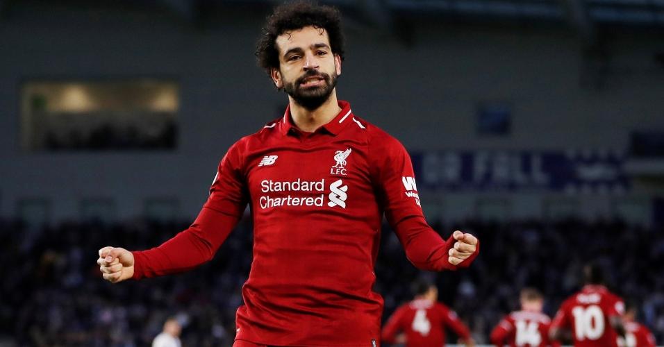 Mohamed Salah comemora gol marcado para o Liverpool contra o Brighton